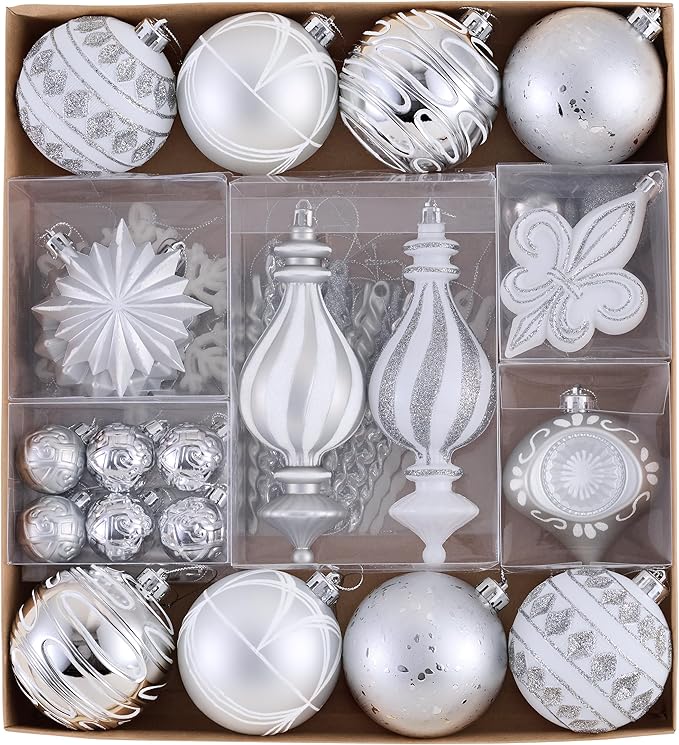 Valery Madelyn Fall Ornaments for Christmas Trees, 60ct White and Silver Shatterproof Christmas Tree Decorations, Luxury Hanging Ball Ornaments Bulk for Thanksgiving Autumn Harvest Decor