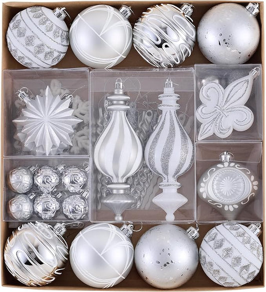 Valery Madelyn Fall Ornaments for Christmas Trees, 60ct White and Silver Shatterproof Christmas Tree Decorations, Luxury Hanging Ball Ornaments Bulk for Thanksgiving Autumn Harvest Decor
