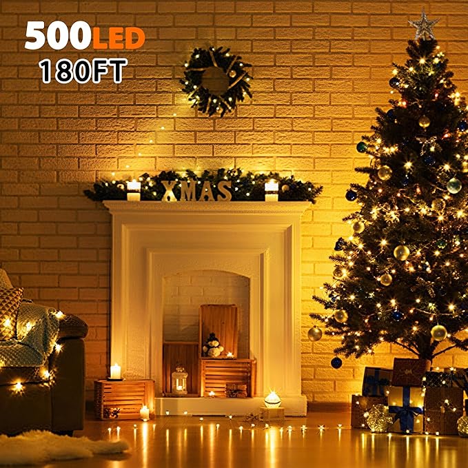 BHCLIGHT Extra-Long 165FT 500LED Christmas String Lights Outdoor/Indoor, Timer & Memory & 13 Modes, Warm White Christmas Lights Waterproof Green Wire Tree Lights for Xmas Holiday Party