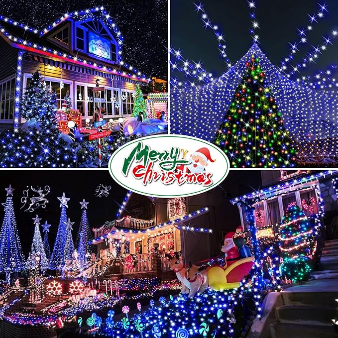Hezbjiti 2 Pack 1000 LED 403 FT Christmas String Lights Outdoor, 8 Lighting Modes IP44 Waterproof Fairy Lights with Timer and Dimmable Function for Party Tree Decorations (Blue+White, Clear Wire)