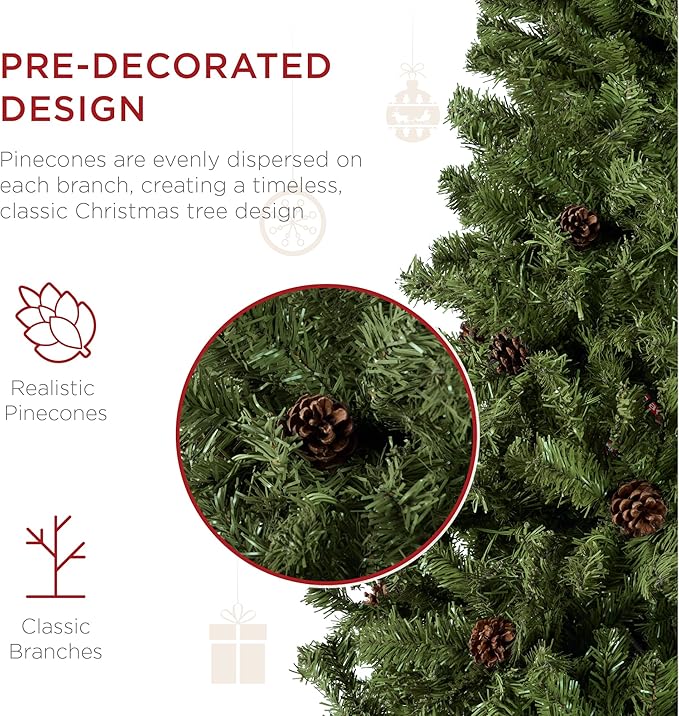 Best Choice Products 6ft Pre-Decorated Holiday Christmas Tree for Home, Office, Party Decoration w/1,000 Tips, Pinecones, Metal Base – Green