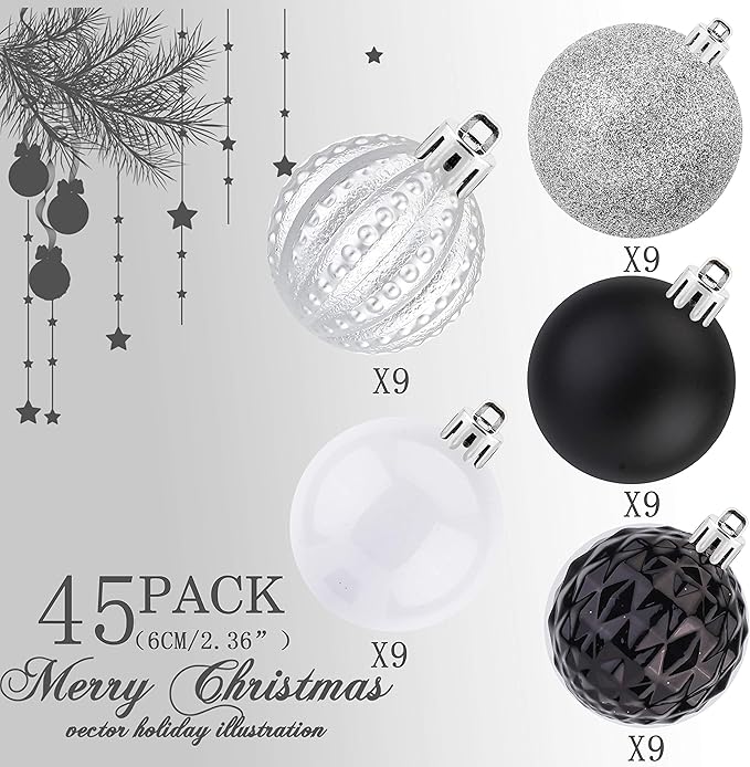 45Pcs 6cm Christmas Glitter Ball Ornaments, Shatterproof Plastic Xmas Tree Decorations for Holidays, Weddings, Parties - Black, White, Silver