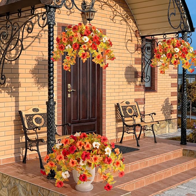 Artificial Fake Fall Flowers with Hanging Basket Plants for Outdoor Decoration, Silk Faux Flower UV Resistant Petunias for Home Porch Patio Garden Balcony Yard Decor Real Looking(Orange White)