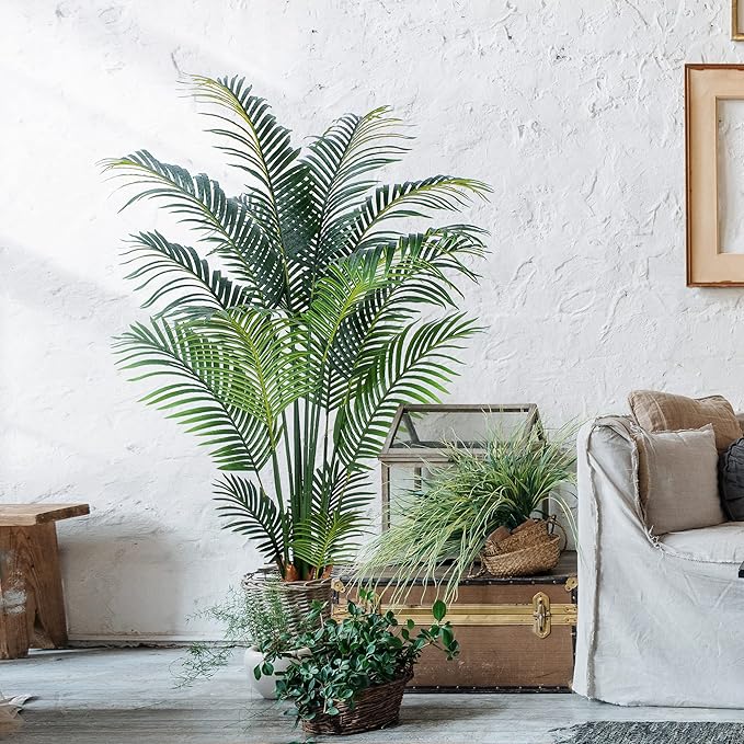 Artificial Tropical Palm Plant - 5 Ft Tall Faux Palm Tree with Plastic Pot for Office and Home Decor, Indoors and Outdoors, Housewarming Gift, K1502PCS