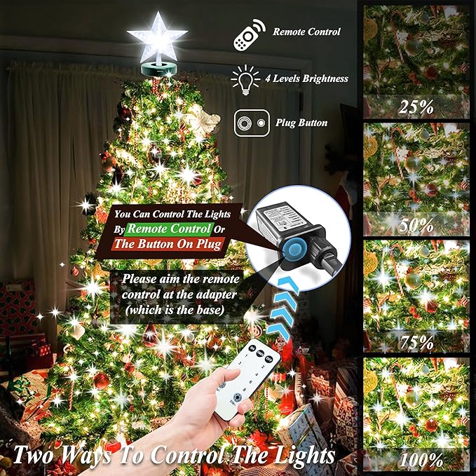 aneeway Christmas Tree Lights with Star Toppers, 410 LED Christmas Lights with 8 Modes & Memory Function, 6.6FT x 16 String Lights with Remote Control & Timing for Xmas Ornaments - Cold White