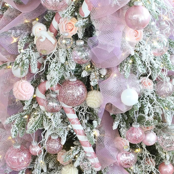 Sea Team Christmas Baubles Set, Shatterproof Clear Plastic Christmas Baubles Multi-Size Decorative Baubles with Stuffed Delicate Decorations (25 Pieces, Pink)