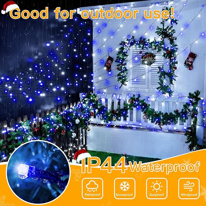 Ollny Christmas Lights Outdoor Indoor Decor, 132FT 400LED Blue & White String Lights 8 Modes Plug in Waterproof, Xmas Fairy Lights with Remote for Tree House Holiday Yard Bedroom Home Party