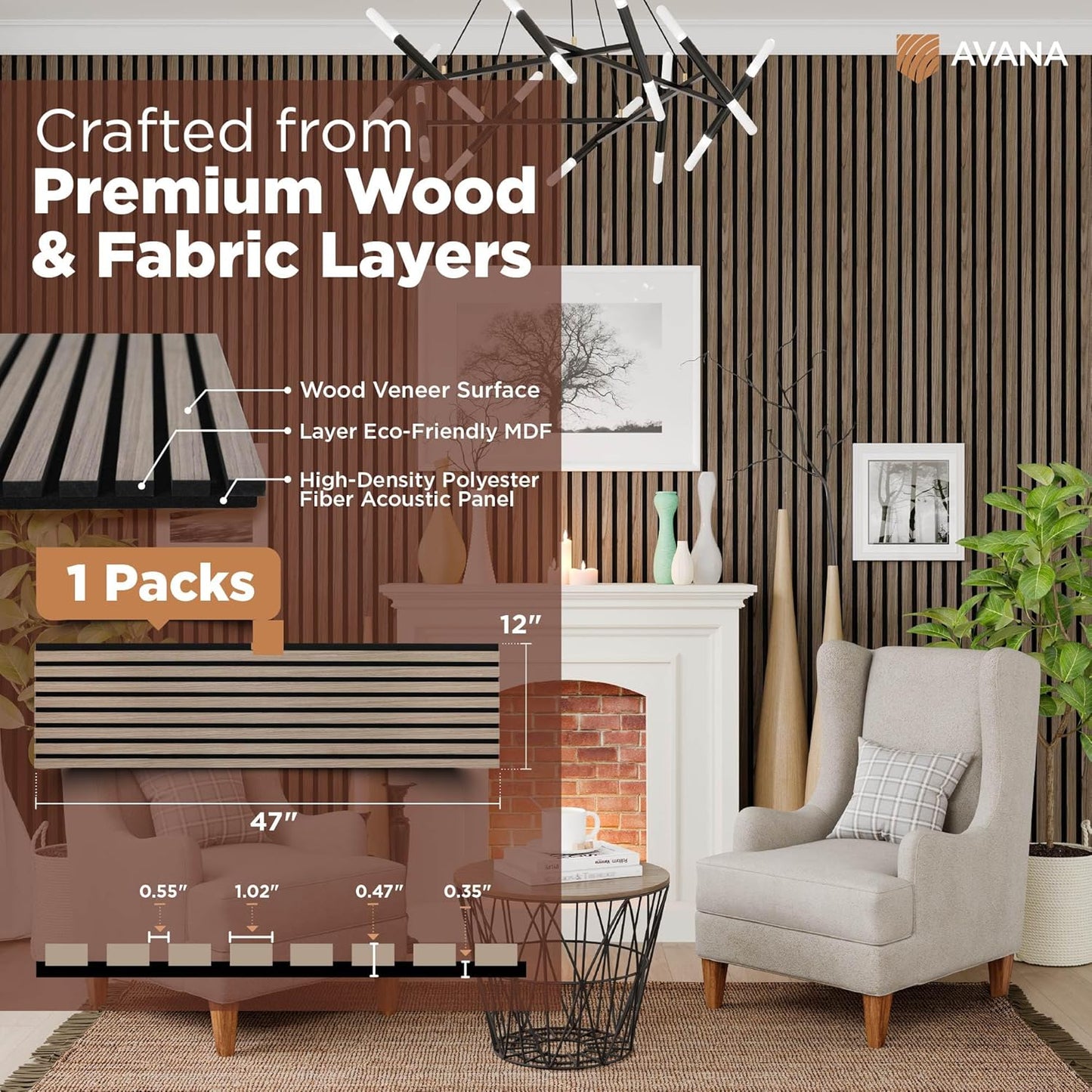 Avana Modern Acoustic Wood Wall Panels – 47.2 X 12.6 Inch Walnut Acoustic Panels 1 PC – Wall Panels For Interior Wall Decor For Homes, Offices, Studios – Sturdy And Durable Wood Panels For Wall
