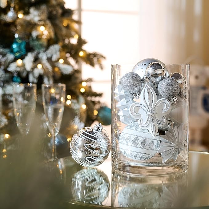 Valery Madelyn Fall Ornaments for Christmas Trees, 60ct White and Silver Shatterproof Christmas Tree Decorations, Luxury Hanging Ball Ornaments Bulk for Thanksgiving Autumn Harvest Decor