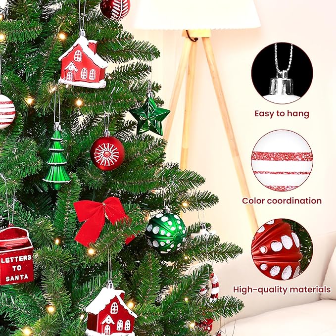 SHareconn 80ct Christmas Balls Ornaments Set, Shatterproof Plastic Colorful Xmas Decorative, Baubles for Tree Decorations with Hanging Strings, Red, Green & White