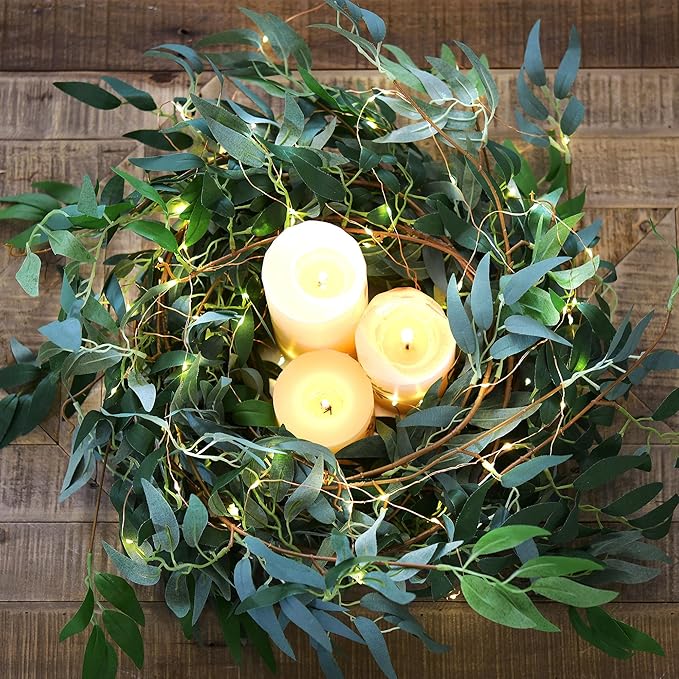 FiveSeasonStuff Rustic Willow & Eucalyptus Garland with Warm White USB String Lights, 5.9ft Bendable Greenery Vine for Wedding Arches, Mantels and Home Decor