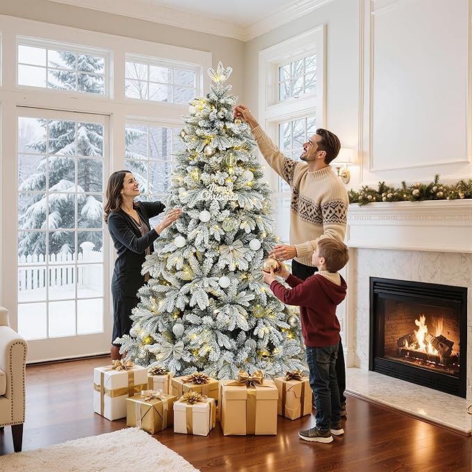 GOOBED 6 FT Pre-Lit Snow Flocked Christmas Tree with Remote, Artificial Hinged Canaan Fir Christmas Tree with 1225 Branch Tips, 260 Lights for Home Office, Holiday Decor, White Flocked