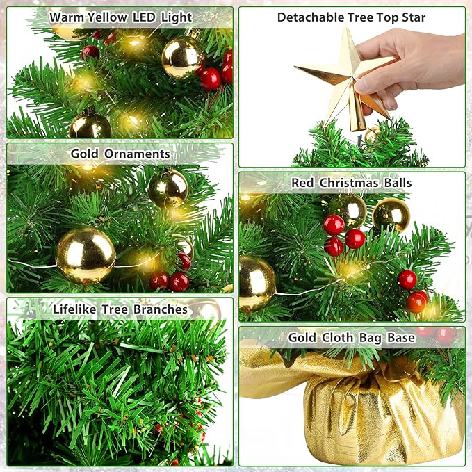 Mini Prelit Christmas Tree, 22" Tabletop Decoration with Warm Lights, Gold Ornaments, Red Berries & Cloth Bag Base