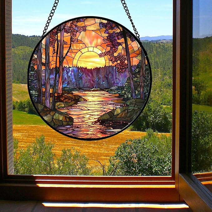 Stained Glass Window Hanging, Orange Landscape Green Purple Lake Forest Suncatcher for Doors Window Home Sun Catchers Decor Mother's Day Birthday Gifts for Women Men Mom 9.8 in