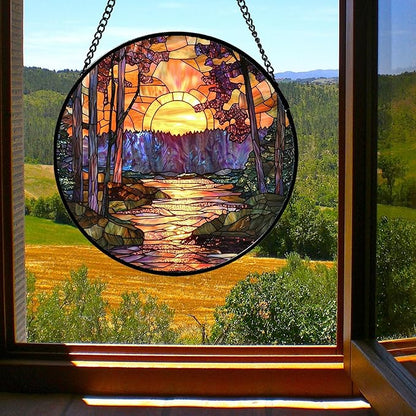Stained Glass Window Hanging, Orange Landscape Green Purple Lake Forest Suncatcher for Doors Window Home Sun Catchers Decor Mother's Day Birthday Gifts for Women Men Mom 9.8 in