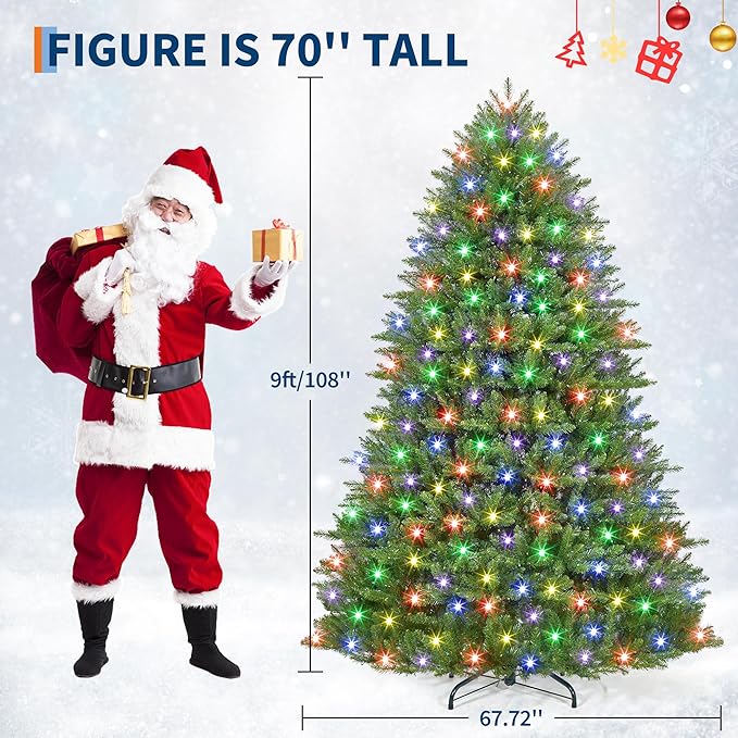 9FT Pre-Lit Artificial Christmas Tree with Color Lights,Green PE & PVC Artificial Xmas Tree,Easy Assembly, Full Branch Tips& Foldable Stand for Home, Office, Party Decoration for Xmas Holiday