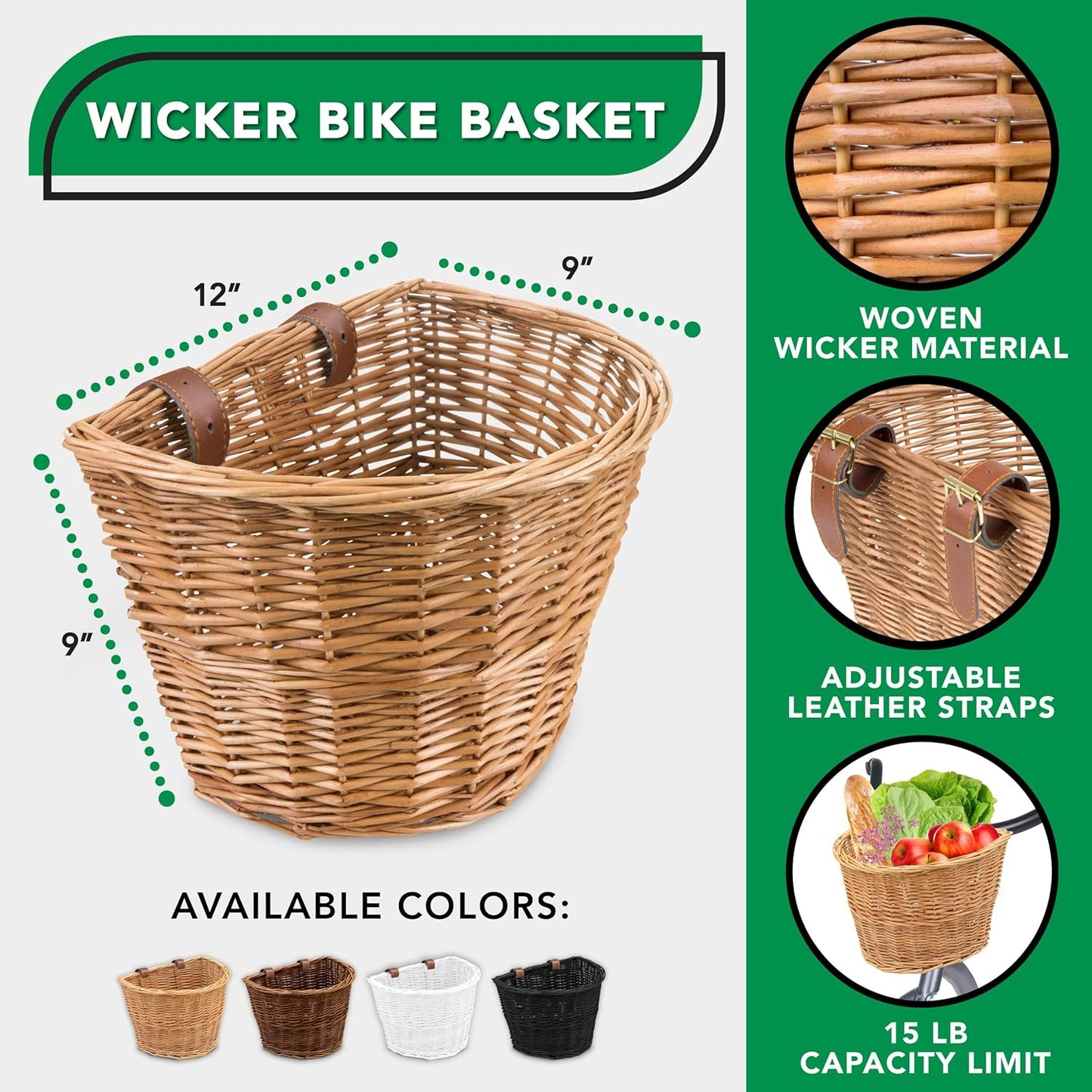 ProSource Wicker Bike Basket Front Cargo for Women and Men, Fits Most Bikes, Beach Cruiser, Stationary Bike, Ebike, Road Bike, Light Brown