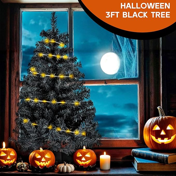 Black 3ft Christmas Tree with Lights, Small 36inch Artificial Tree Mini Table Top Decorations, Xmas Desk Tree with 80 Colored Lights, 200 Branch, Holiday Decor for Home,Indoor Office Tabletop