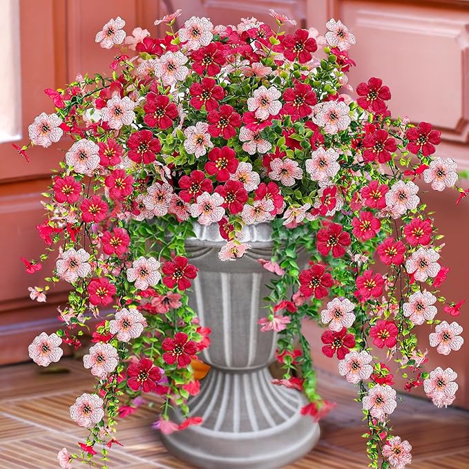 Artificial Flowers for Outdoors 6PCS，All Weather Fade Proof, UV Resistant Waterproof Realistic Faux Silk Mums Daisies Rose Red & Pink for Hanging Planters Porch Patio Balcony Deck Fence Garden Decor