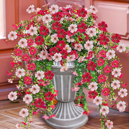 Artificial Flowers for Outdoors 6PCS，All Weather Fade Proof, UV Resistant Waterproof Realistic Faux Silk Mums Daisies Rose Red & Pink for Hanging Planters Porch Patio Balcony Deck Fence Garden Decor