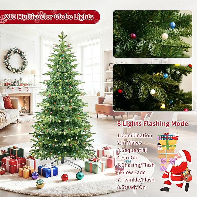 6ft Prelit Christmas Tree, Aspen Fir Artificial Christmas Tree with 210 Multicolor ETL Lights and Metal Stand, 8 Mode，PE & PVC Mixed Layered Xmas Tree for Holiday Home Decororation