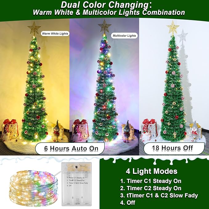 5FT Pop Up Christmas Tree with Timer 60 Warm White & Multi Color Fairy Light 3D Star 25 Ball Ornament, Green Tinsel Christmas Tree Slim Pencil Xmas Tree Home Office Holiday Decor Indoor Outdoor