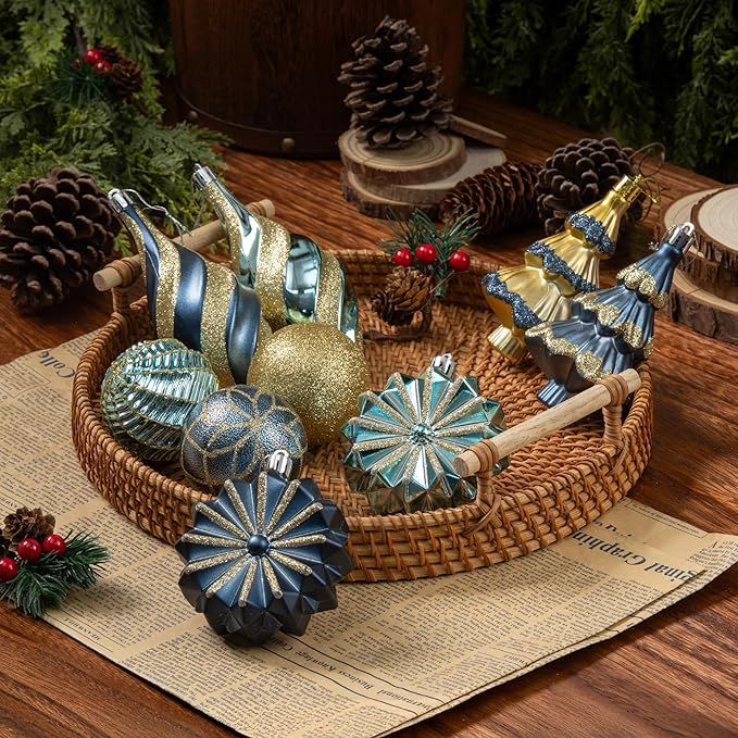 108 Pcs Christmas Ball Ornaments Set, Blue and Gold Shatterproof Hand-Painted Hanging Bulbs Decoration for Xmas Tree, Wreath, Garland, Home Holiday Decor