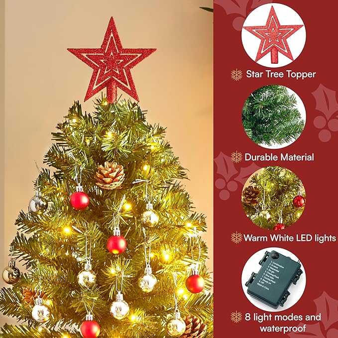 Joiedomi 24 Inch/2FT Tabletop Mini Christmas Prelit Decoration, Artificial Mini Xmas Pine Tree with Prelit LED String Lights and Ornaments Decor, Christmas New Year Decoration Tree Decor