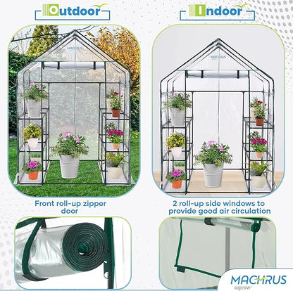 OGrow Machrus Deluxe Walk-in Greenhouse with 3 Tiers and 12 Shelves - Clear Cover