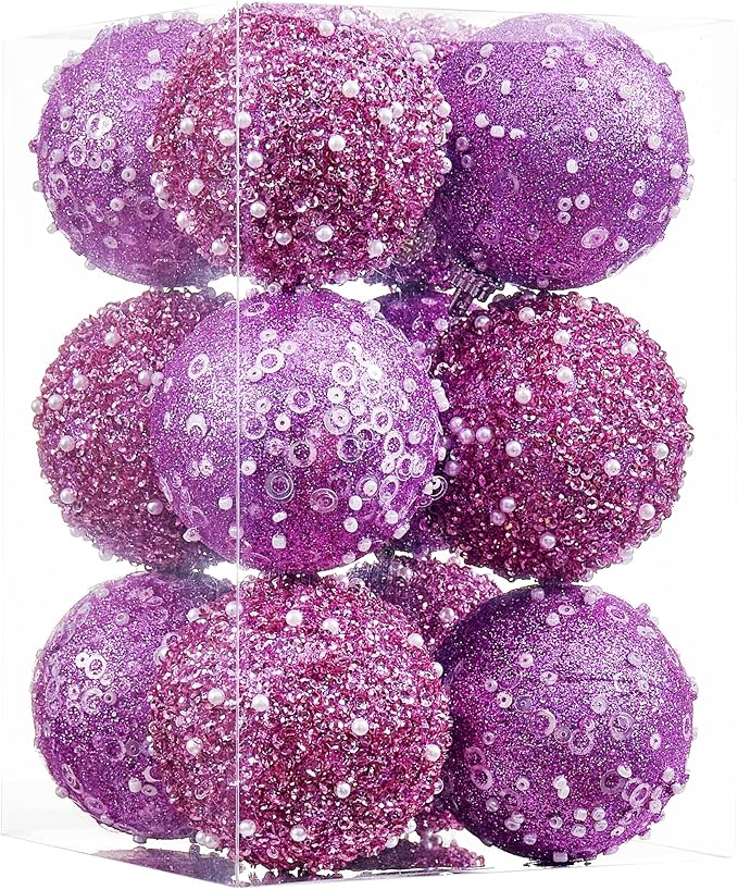 12CT Christmas Ball Ornaments, Purple Christmas Ball Decorations Shatterproof Plastic Hanging Pearl Balls for Holiday Party(70mm/2.76")