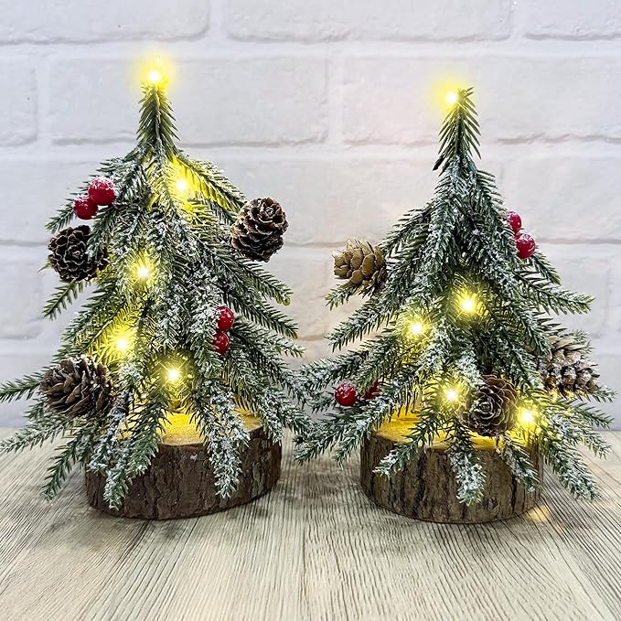 2 Pack Artificial Christmas Tabletop Mini Pine Trees, 6.5 in Tall Lighted Holiday Decorations with Wooden Base, Red Berries, Pine Cones Snowflake for Home Table Windowsill Office Desk Mantel