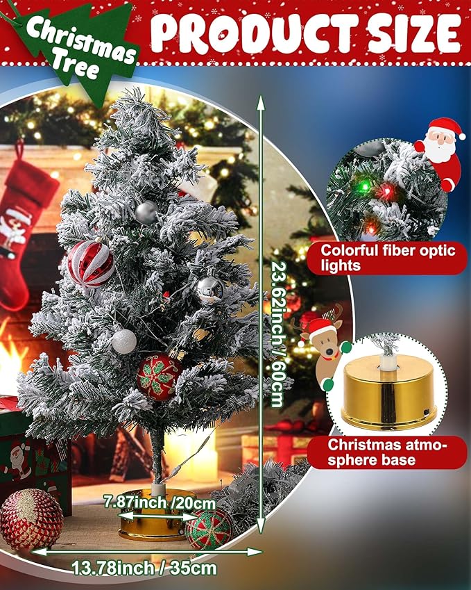 2ft Rotating Snow Flocked Tabletop Christmas Tree with Light and Music, 360° Spinning Mini Pre-lit Xmas Tree with Base Christmas Decor for Small Space Home Office Desk Holiday Gift