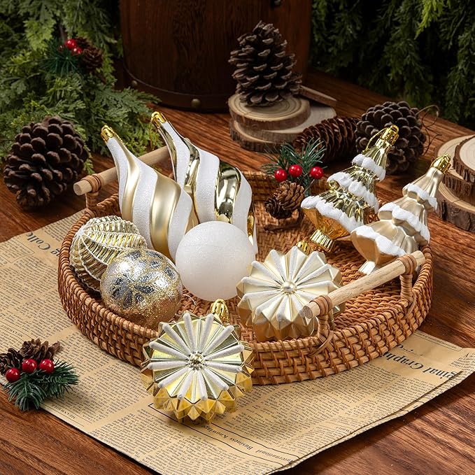 108 Pcs Christmas Ball Ornaments Set, Champagne Gold and White Shatterproof Hand-Painted Hanging Bulbs Decoration for Xmas Tree, Wreath, Garland, Home Holiday Decor