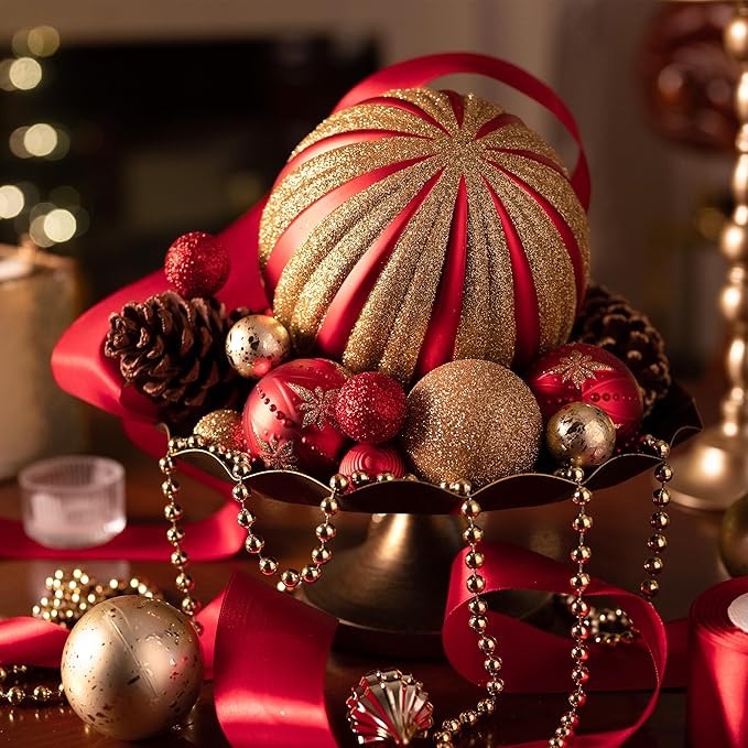 Valery Madelyn Large Christmas Trees Ornament, 4ct 5.9 Inches Red and Gold Shatterproof Christmas Tree Decorations, Luxury Hanging Ball Ornaments Bulk for Xmas Holiday Decor