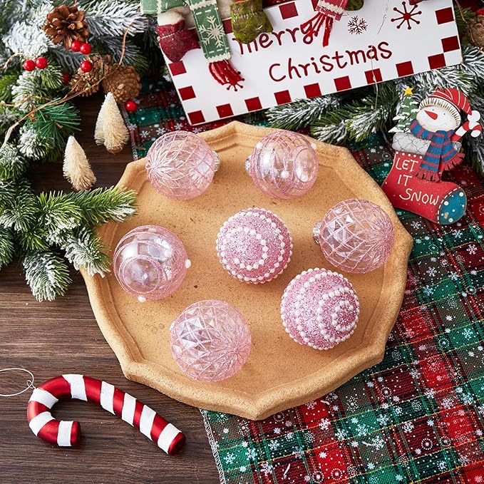 12CT Christmas Ball Ornaments Pink Shatterproof Clear Large Plastic Christmas Tree Decoration, Delicate Hanging Ornaments for Xmas Party, Wedding, Holiday and Home Décor(70mm/2.76")