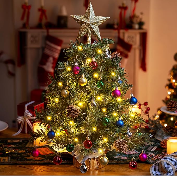 Joiedomi 24"/2FT Tabletop Mini Christmas Tree Pre lit with Warm Lights, Holly Berries, Pine Cones and Ornaments for Indoor Artificial Mini Xmas Tree Holiday Season Decorations (Gold)