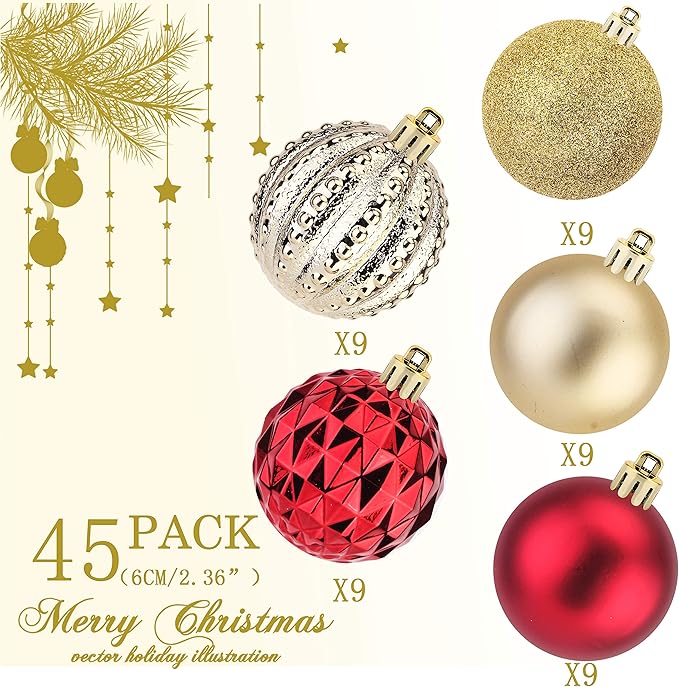 45Pcs 6cm/2.36inch Christmas Balls Glitter Christmas Tree Ornaments Hanging Christmas Home Decorations for Home House Bar Party（Red/Gold