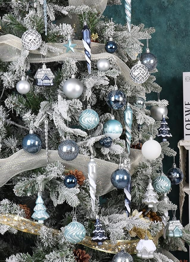 124Ct Blue and Silver Christmas Ornaments Set, Elegant Shatterproof Assorted Christmas Decorations for Xmas Tree Snowflake Icicle House Ball Ornaments Baubles for Holiday Party Decor (Blue&Silver