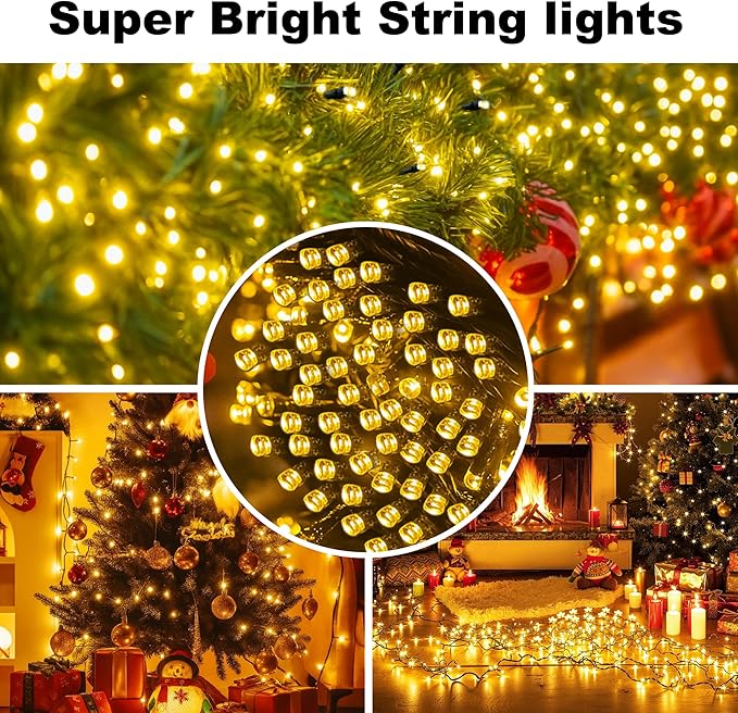 [2 Pack] Christmas Lights Outdoor, 210FT 600LED Connectable String Lights Waterproof, Twinkle Lights with 8 Modes, Christmas String Lights Indoor Green Wire for Yard Party Christmas Decorations