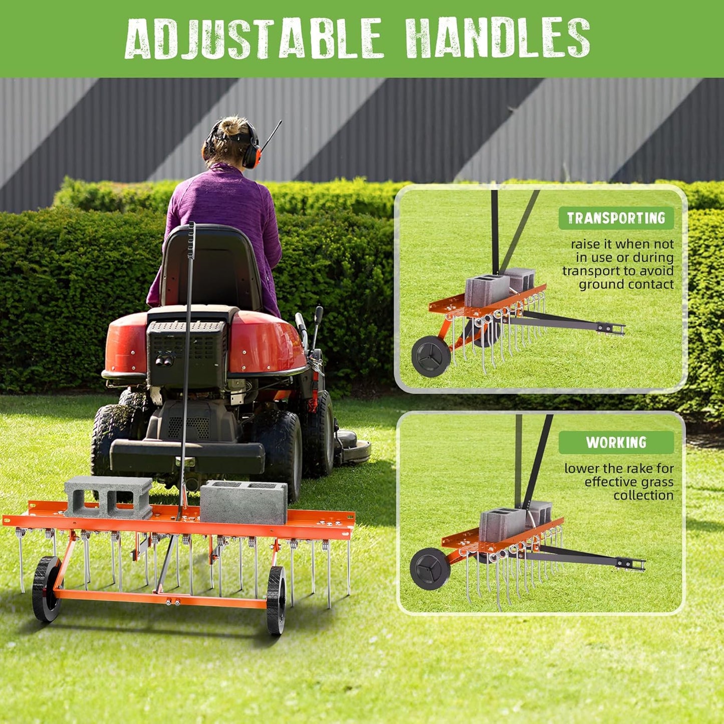 48" Tow-Behind Dethatcher with 24 Spring Steel Tines, Pull Behind Lawn Tractor Mower Grass Rake for Yard, Garden, and Farm Care – Removes Thatch, Leaves, and Pine Needles-Orange