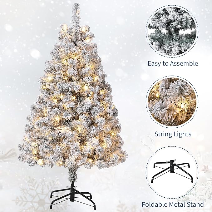 6Ft Pre-Lit Artificial Christmas Tree, Premium Hinged Design,Snow Flocked Full Prelighted Xmas Tree,Foldable Metal Stand, Party Decoration for Xmas Holiday, Green & White