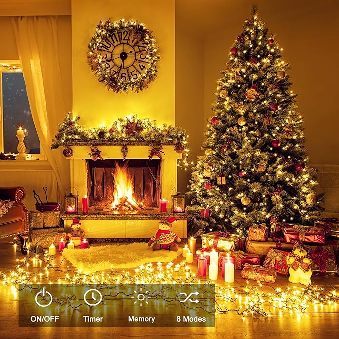 Upgraded 4Pack 160FT 400 LED Battery Operated Christmas String Lights Outdoor/Indoor, Timer & 8 Modes with Green Wire Christmas Tree Lights, Waterproof Fairy Lights for Xmas Tree Garden(Warm White)