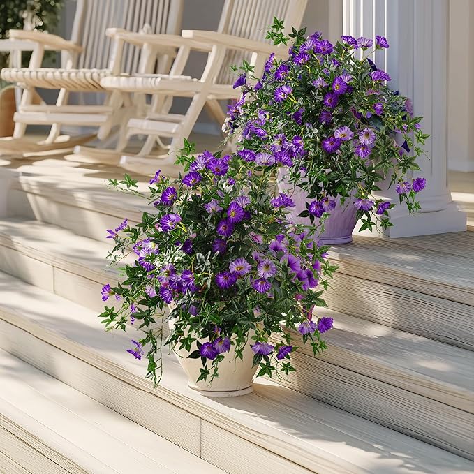 Artificial Flowers Artificial Petunias for Outdoors 2PCS Artificial Hanging Plants Outdoor Silk Flowers with Stems Outdoor Flowers Uv Resistant for Porch Decor Terrace Decor（Purple）Without Pot