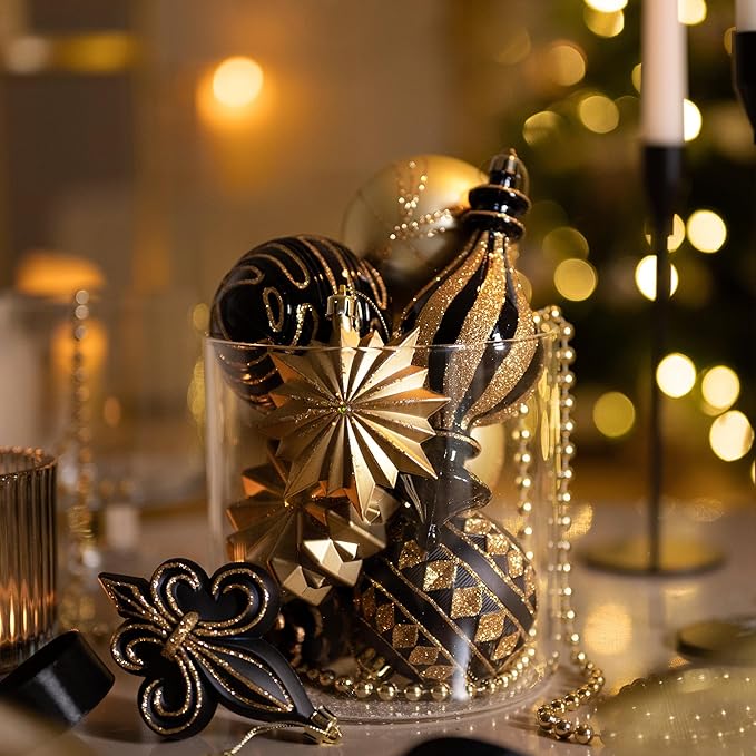 Valery Madelyn Ornaments for Christmas Trees, 60ct Black and Gold Shatterproof Christmas Tree Decorations, Luxury Hanging Ball Ornaments Bulk for Xmas Holiday Decor