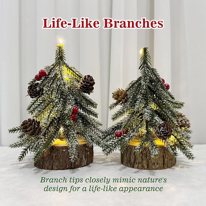 2 Pack Artificial Christmas Tabletop Mini Pine Trees, 6.5 in Tall Lighted Holiday Decorations with Wooden Base, Red Berries, Pine Cones Snowflake for Home Table Windowsill Office Desk Mantel