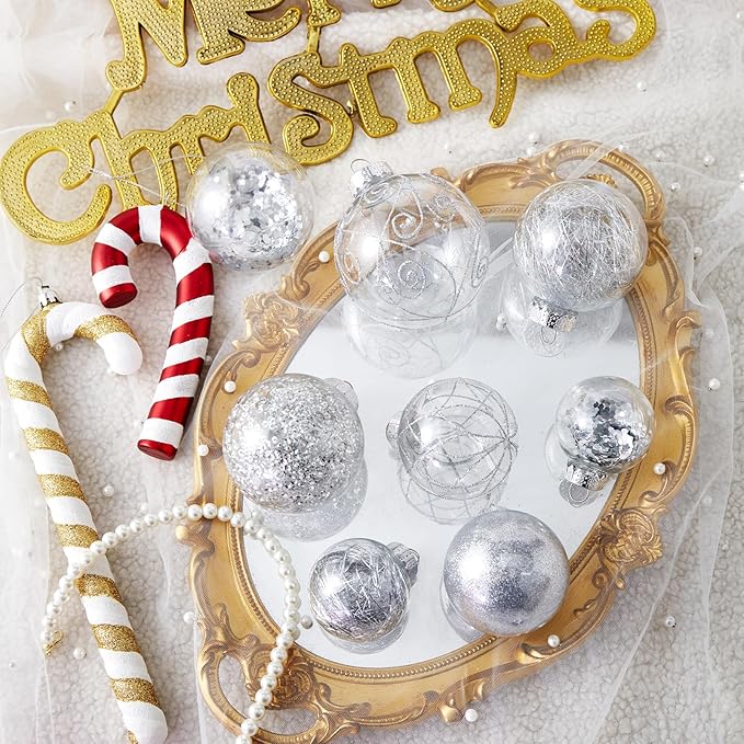 Wironlst Christmas Ball Ornaments Shatterproof Clear Large Plastic Hanging Ball Decorative Baubles Set with Stuffed Delicate Decorations (Multi-Size, Silver)