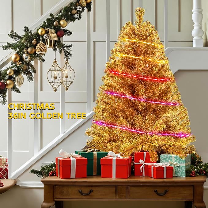 Gold 3ft Christmas Tree with Lights, Small 36inch Artificial Tree Mini Table Top Decorations, Xmas Desk Tree with 80 Colored Lights, 200 Branch, Holiday Decor for Home,Indoor Office Tabletop