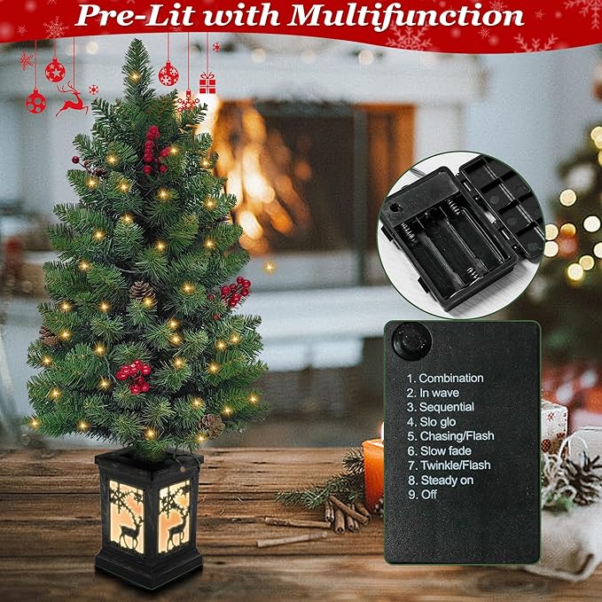 3ft Prelit Christmas Tree with 78 Warm Lights & Red Berry & Pine Cone, Mini Christmas Tree with Vintage Elk Light Potted Base, Tabletop Small Xmas Tree Decor for Porch,Home,Office,Indoor
