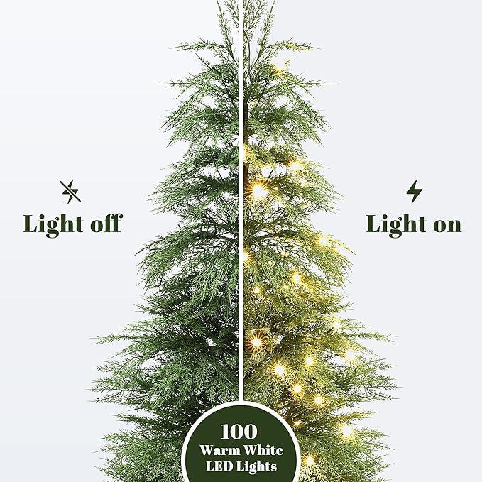 LuxenHome 4.5FT Small Christmas Tree, Potted Slim Artificial Christmas Trees with 100 Warm White LED Lights, Realistic Cedar Prelit Xmas Trees with White Planter Pot for Holiday Display