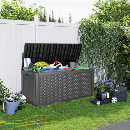 100 Gallon Resin Deck Box, Lockable Patio Outdoor Storage Box for Furniture, Garden Tools and Tools Storage, Waterproof Outside Storage Boxes - Patterned black